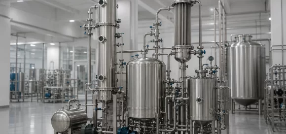 Stainless steel solvent recovery plant with distillation column and condenser unit manufactured for pharmaceutical and API plants in India