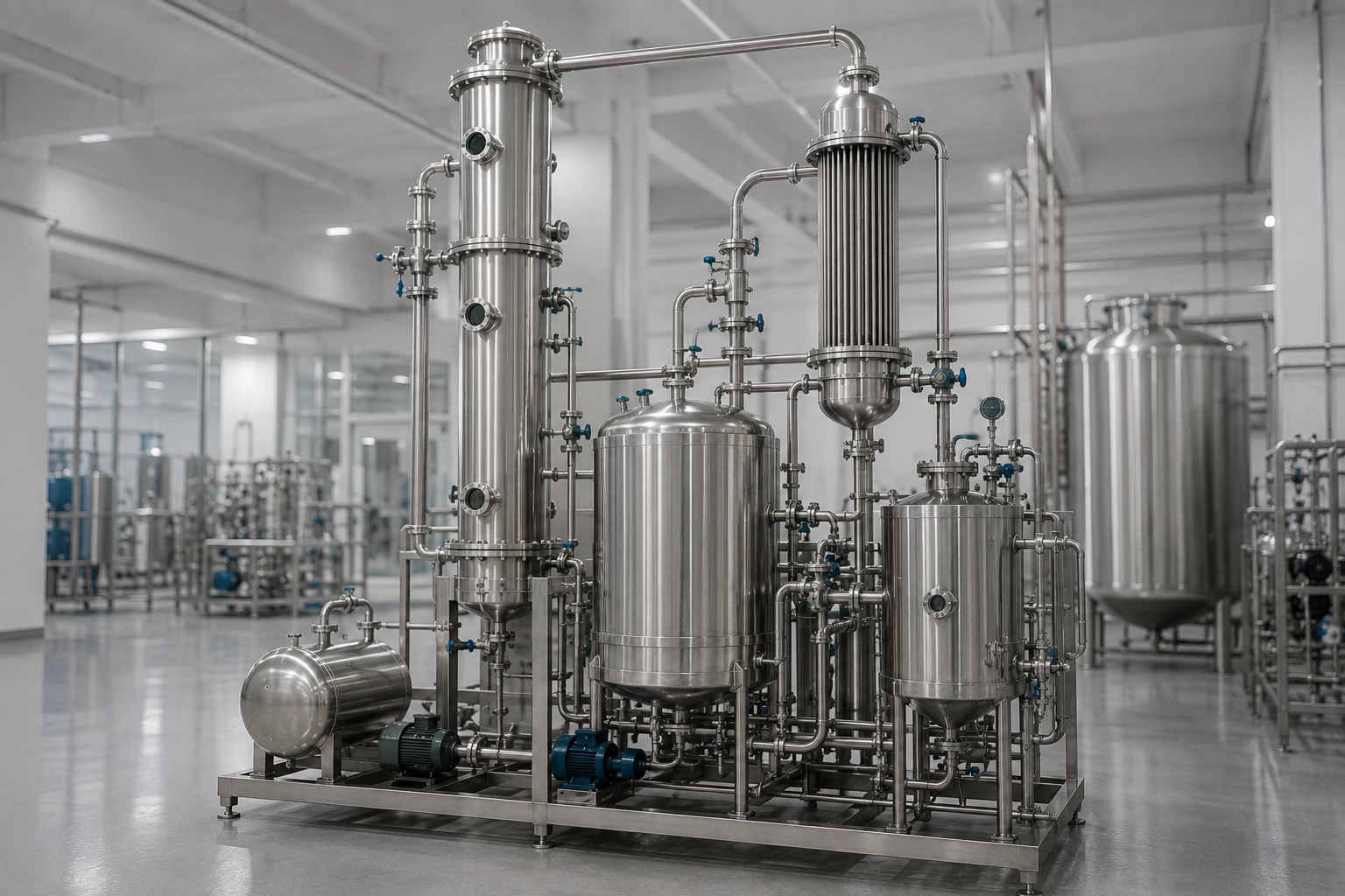Stainless steel solvent recovery plant with distillation column and condenser unit manufactured for pharmaceutical and API plants in India
