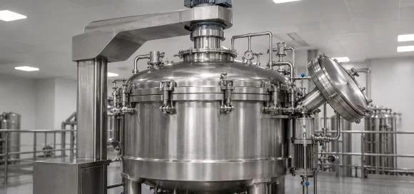 Stainless steel Agitated Nutsche Filter Dryer (ANFD) with top-drive agitator manufactured for API and pharmaceutical filtration in India