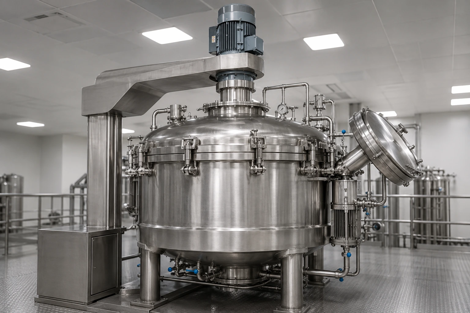 Stainless steel Agitated Nutsche Filter Dryer (ANFD) with top-drive agitator manufactured for API and pharmaceutical filtration in India